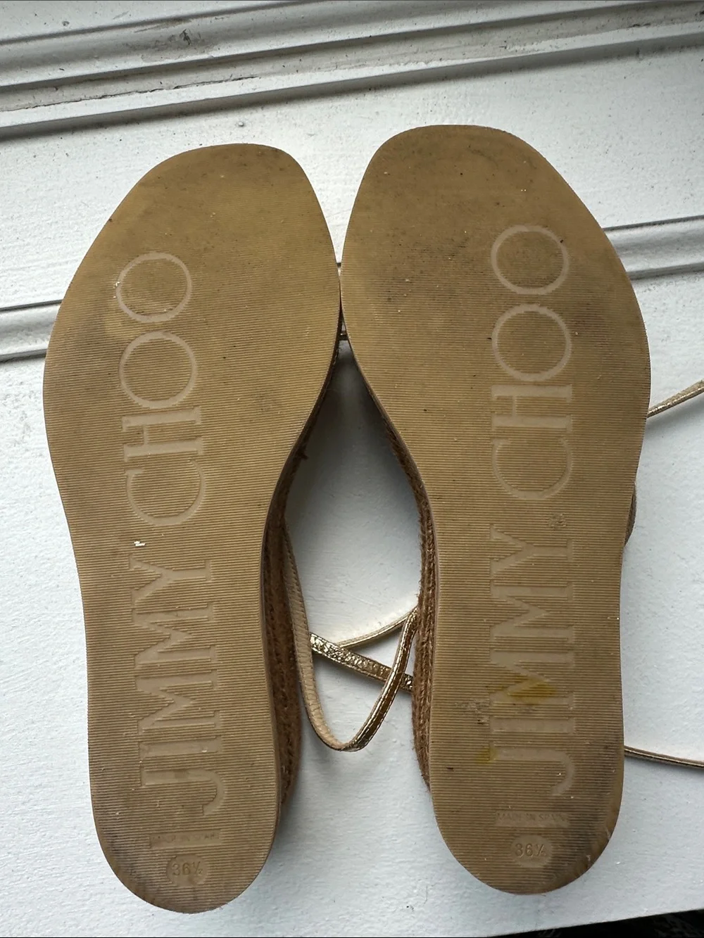 Jimmy Choo Gold Metallic Espadrille Wedge Sandal with Ankle Tie